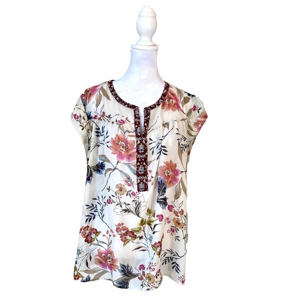 DR2 by Daniel Rainn - White Floral Print V Neck Blouse Size LG - Picture 1 of 8